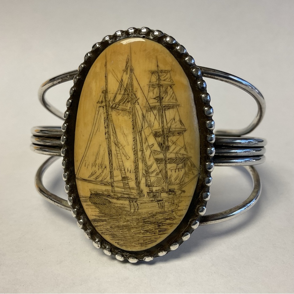 Scrimshaw Sterling Silver & Ivory Bracelet by Alaskan Silver Vtg